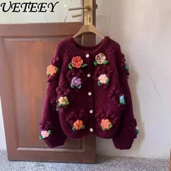 2025 Autumn Winter Thick Stick Needle Handmade Crochet Thickened Knitted Cardigan Sweet Flower Loose and Thin Sweater Jacket