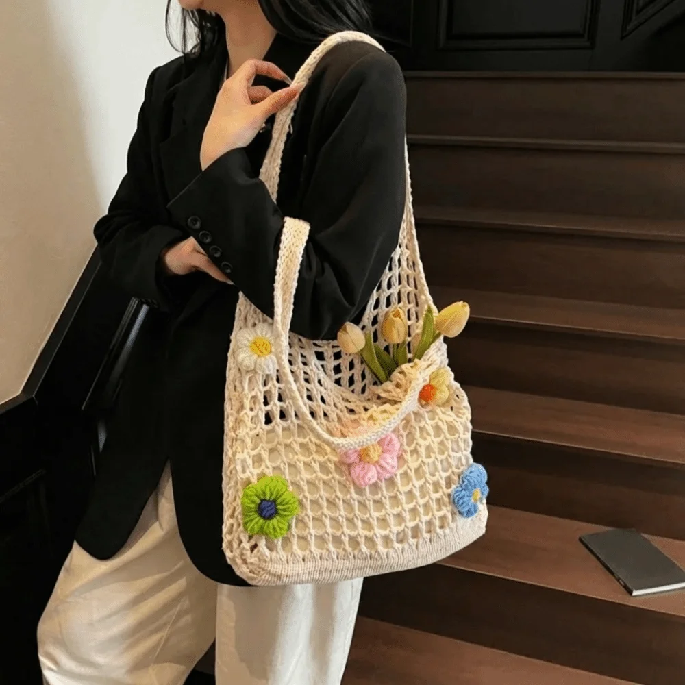 

Simple Multicolor Flower Woven Bag Bohemian Style Large Capacity Knitting Tote Bag Handbag Hollow Hollow Shoulder Bag Streetwear