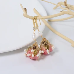 GLSEEVO Natural Tahitian Pearls Pink Rose Ear Hooks For Woman Korea Fashion Romantic Charm Earrings Luxury Fine Jewelry Gifts