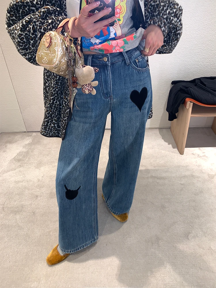 

Fleece Lined High Waist Embroidered Wide Leg Jeans Winter New Design Commute Style Ladies Fashion Warmth Comfortable Fit Jeans