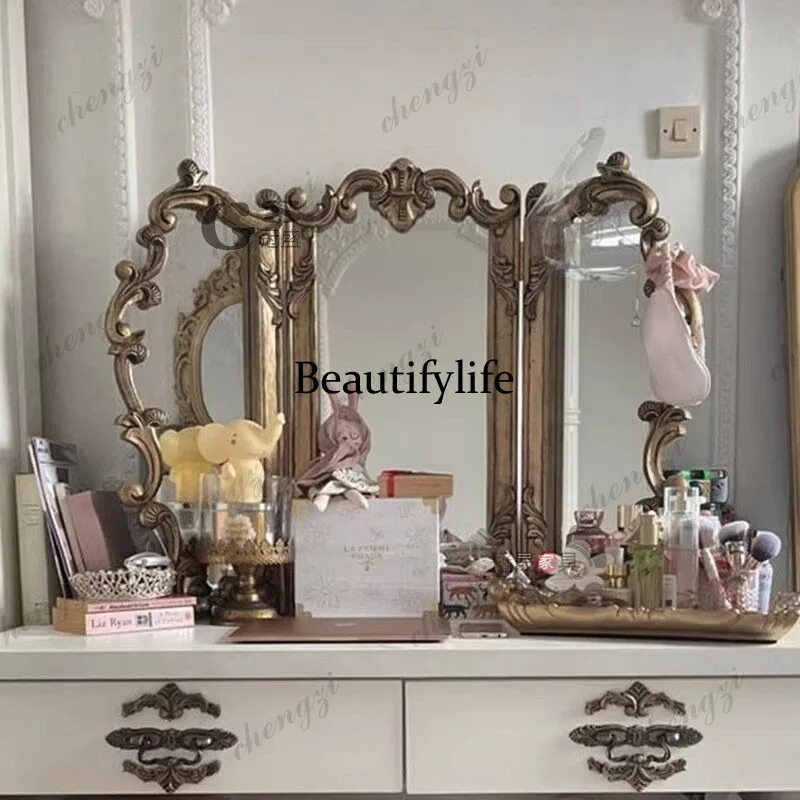 K153 European Vintage Carved Dressing Table Three-Folding Mirror French Style Bathroom Wall-Mounted Three-Sided Folding