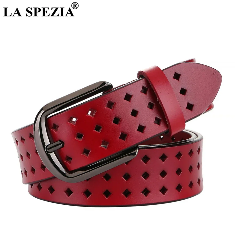 LA SPEZIA Black Women Belt Real Genuine Leather Many Holes High Quality Female Strap Hollow Out Cowskin Waist Belt for Jeans