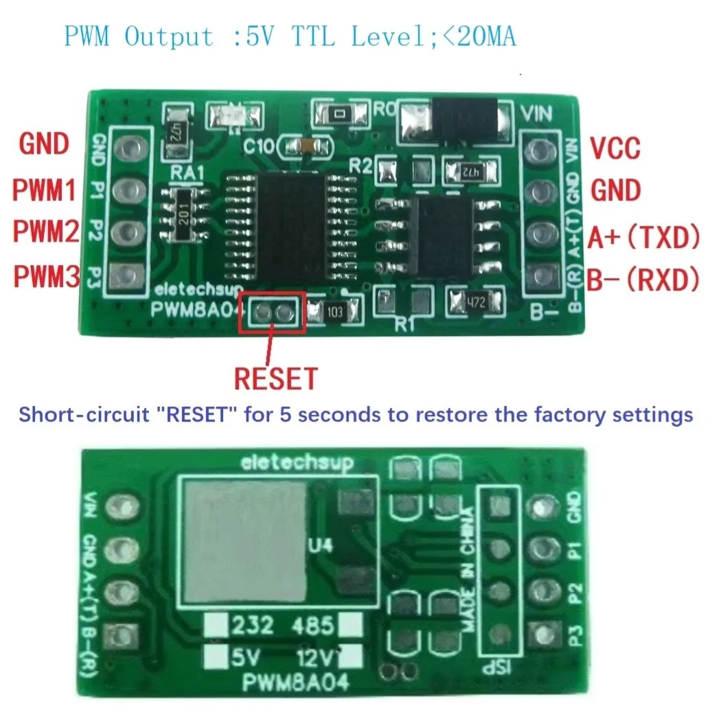 DC 5V 12V 3CH RS485 1Hz-20kHz Duty Cycle Frequency Adjustable PWM Square Wave Pulse Generator Modbus RTU PWM8A04