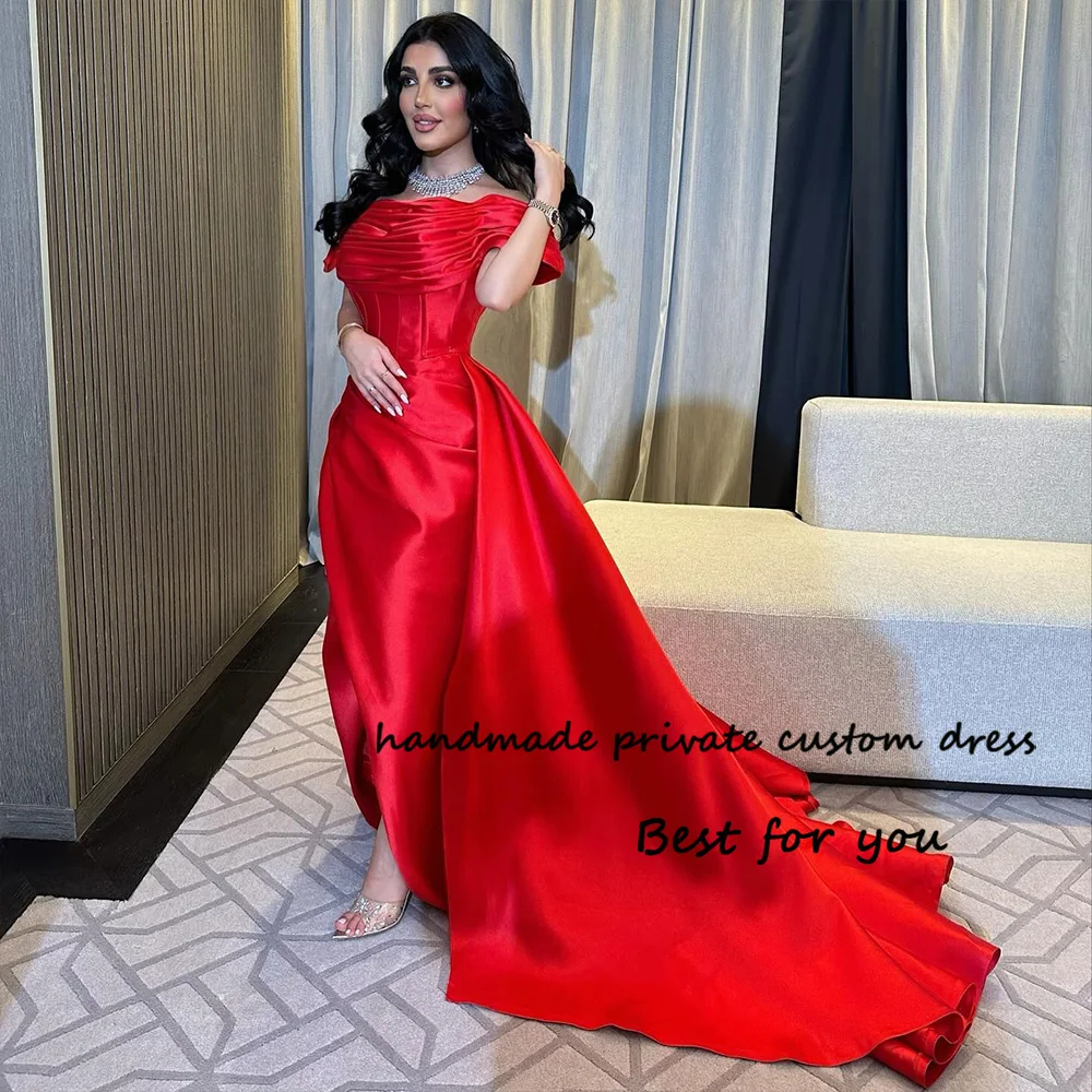 

Red Off Shoulder Mermaid Evening Dresses with Slit Train Pleats Satin Long Arabic Formal Prom Dress Customized Evening Gowns