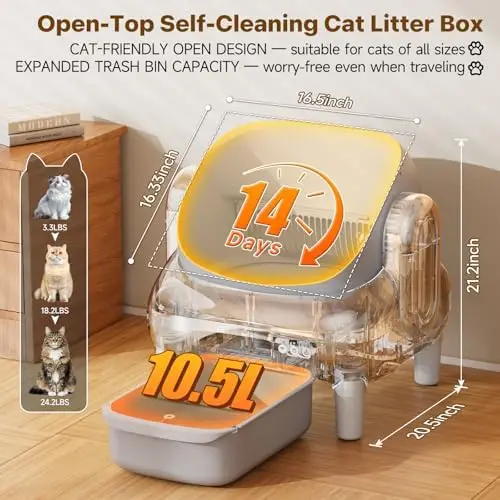 Automatic Cat Litter Box, Open-Top, App Control, Safety Protection | Self cleaning Litter Box for Multiple Cats