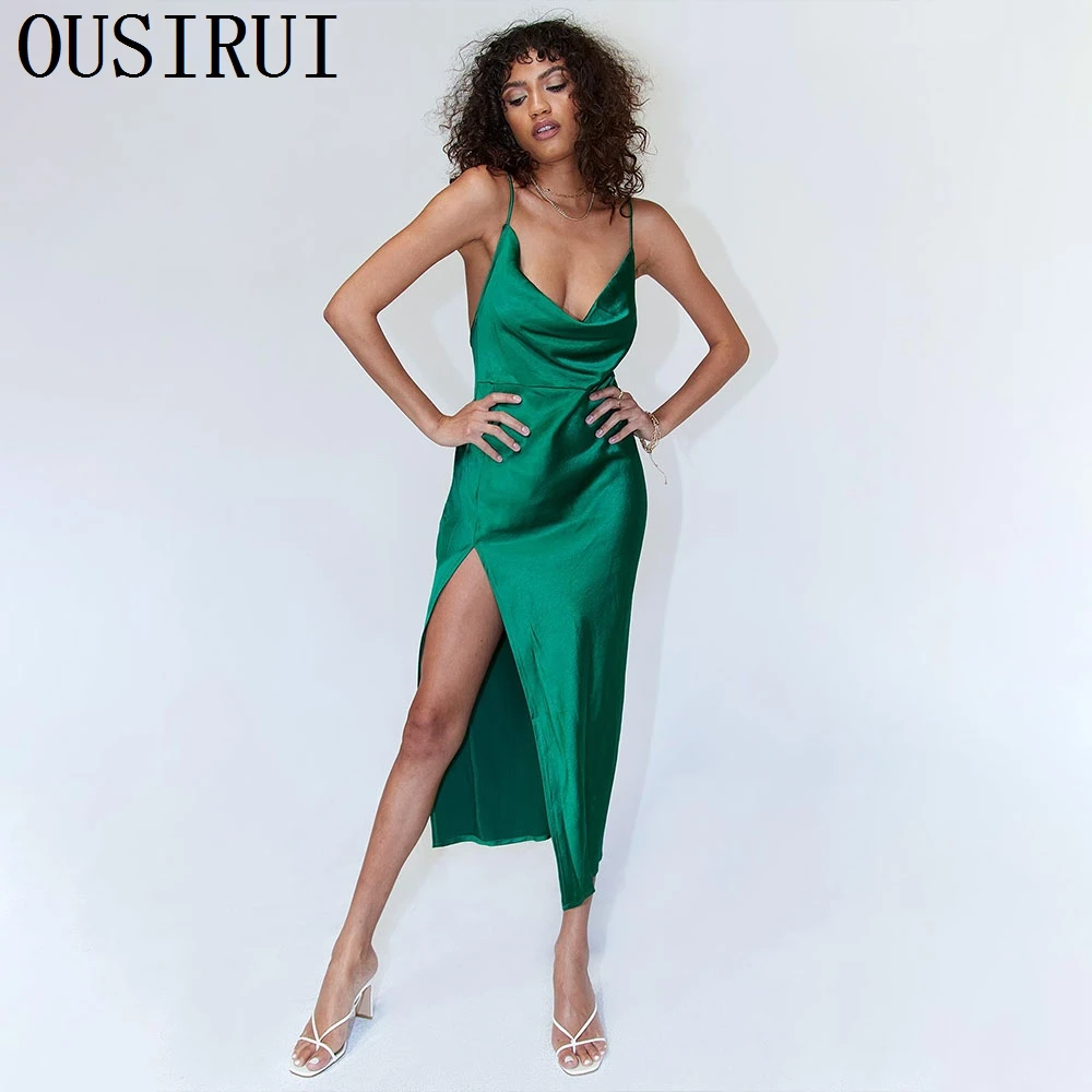 OUSIRUI Green V Neck Prom Dresses For Woman High Quality 2024 Summer Mermaid Beach Celebrity Gowns vestidos elegantes para mujer