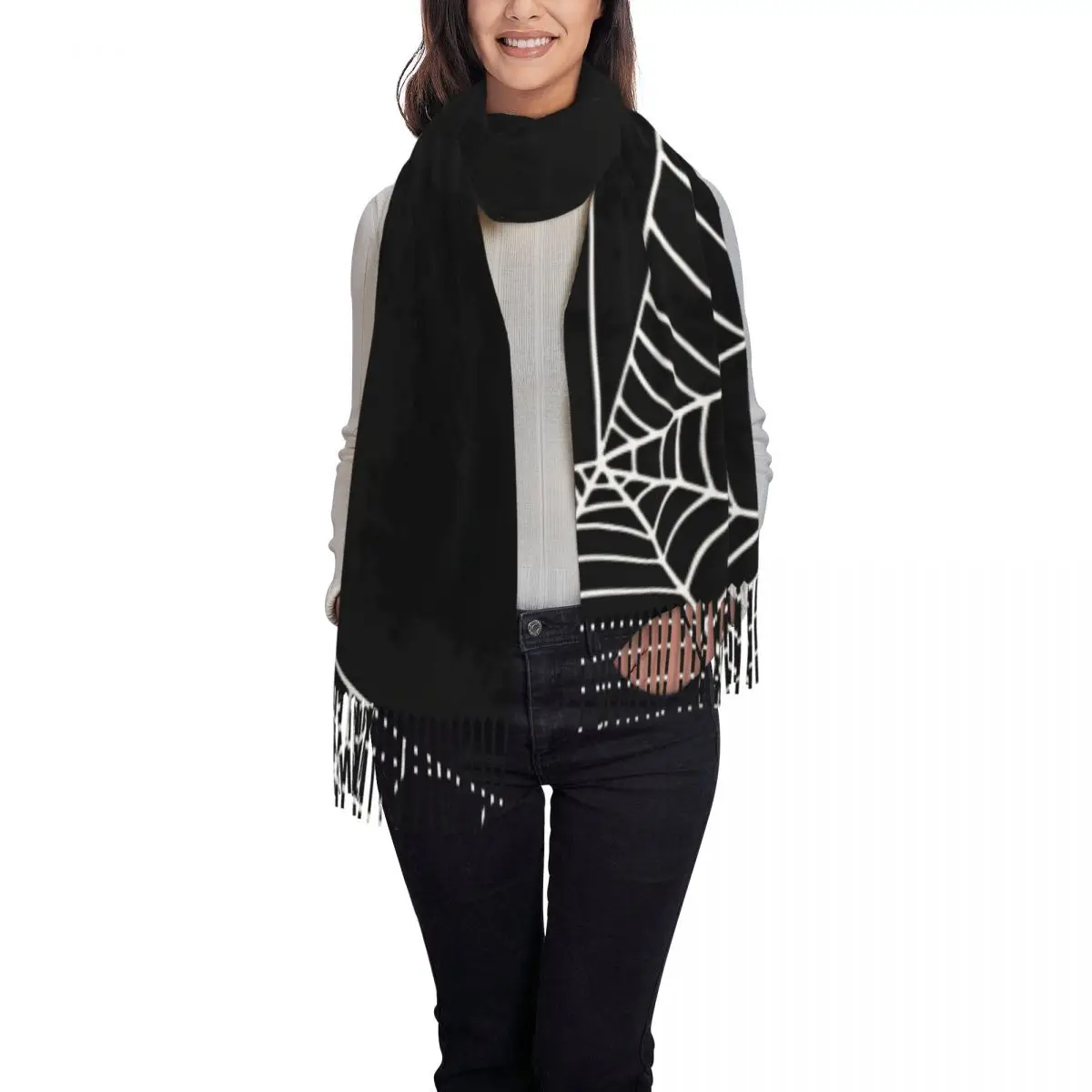 المرأة وشاح الدفء العناكب ويب صورة ظلية الأوشحة يلتف مع شرابة شالات الموضة ويلتف الشتاء مصمم باندانا