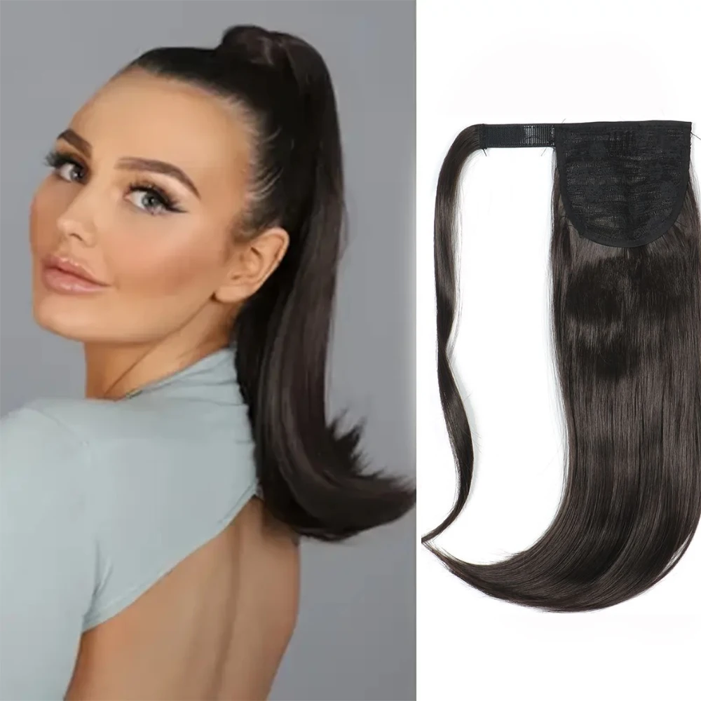 Peruca de extensão do cabelo sintético com luz, clip-in, enrole em torno do rabo de cavalo, reta, final encaracolado, pedaço de cabelo falso, 16"