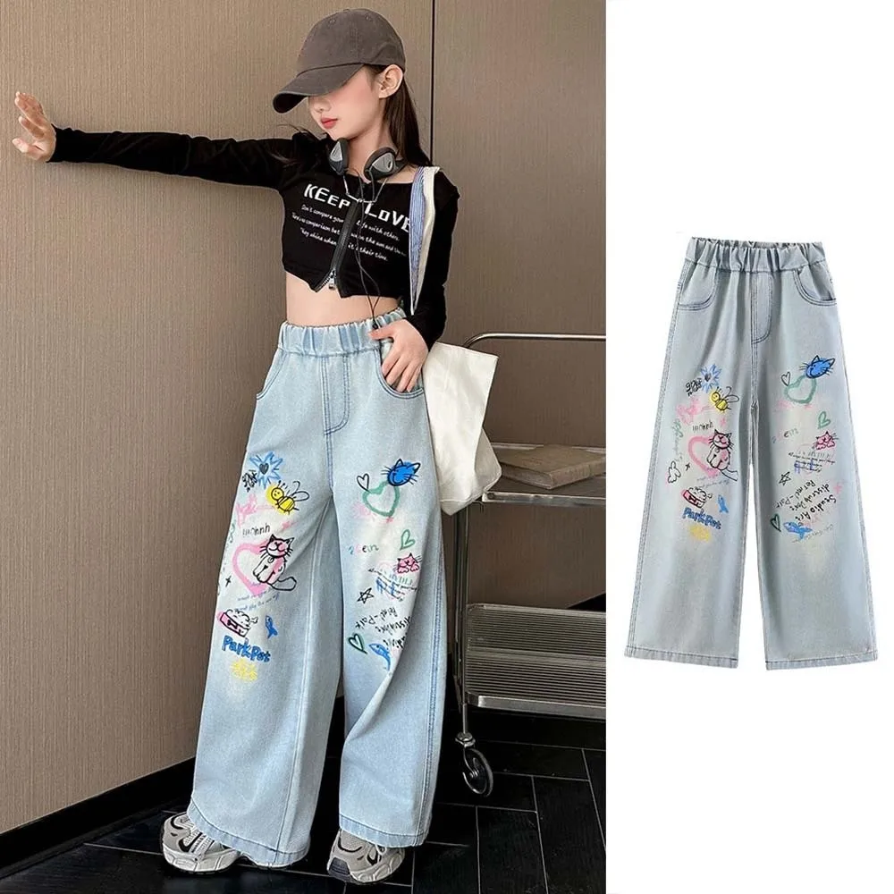 

Милые прямые джинсы для девочек-подростков, детские джинсы с высокой талией и рисунком граффити, широкие свободные джинсовые брюки для девочек, детские