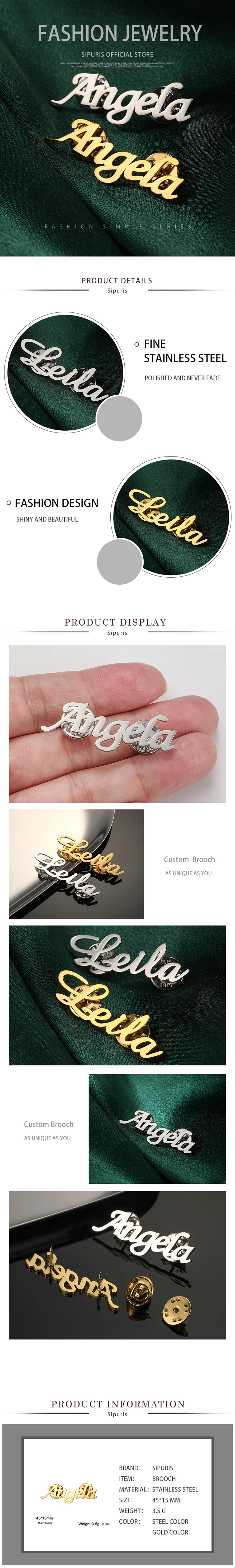 Sipuris Personalisierte Namensbrosche für Damen und Herren aus Edelstahl, Trendige Anstecknadeln, Namensschild-Brosche, Schmuck für Hochzeiten und Geschenke – Detail 5