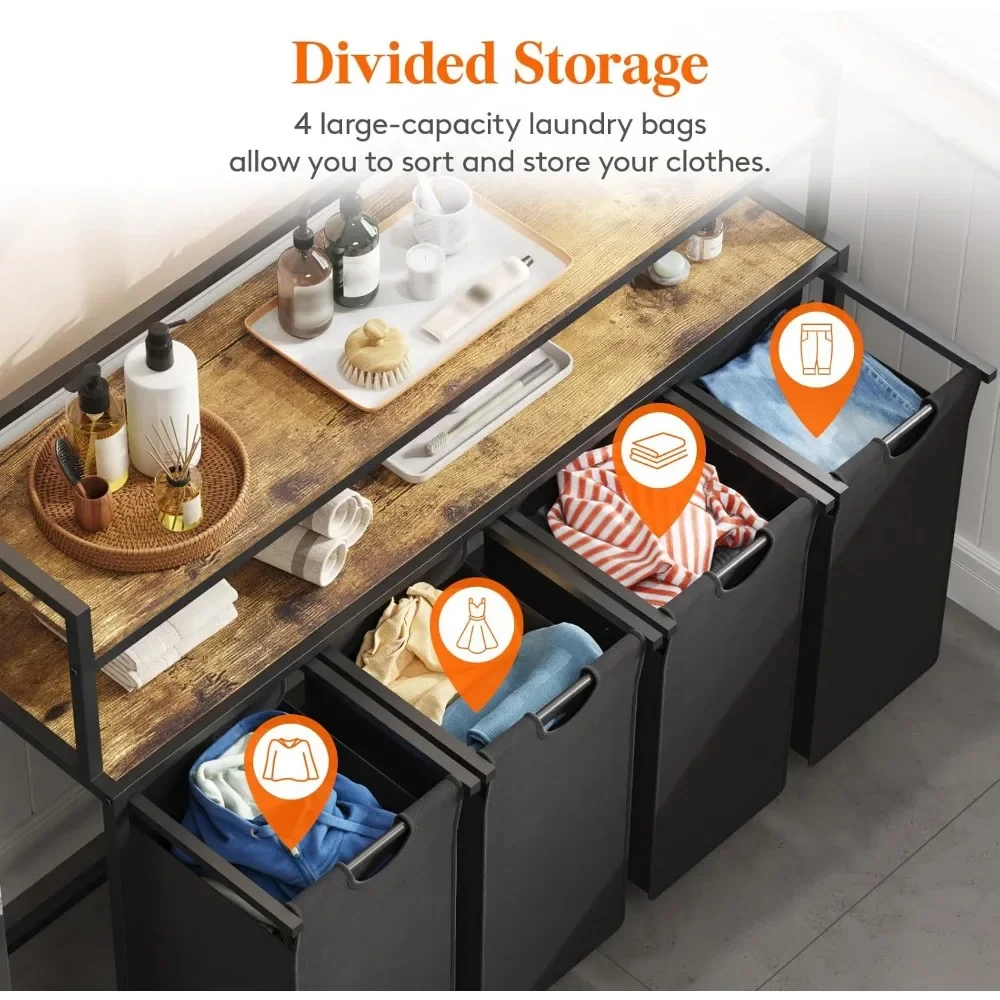 Cesto de roupas mais vendido, 4 seções, 168l, organizador de cesta de roupas para lavanderia, marrom rústico