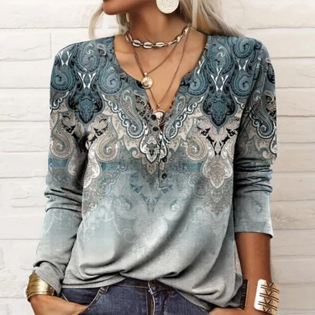 

Women's Long Sleeve Printed T-Shirt Fashion National Pattern Autumn Winter Europe US Wish Trade
