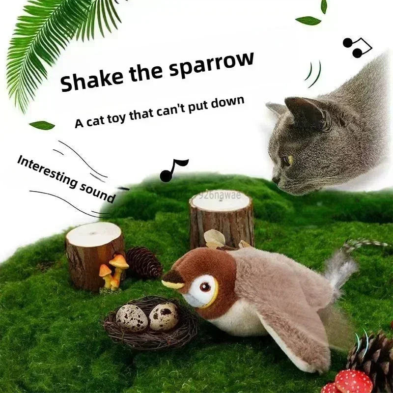 Interactive Cat Toys Rechargeable Electric Chirping Flapping Wings Bird with Catnip Cats Touch-Activated Squeaky Plush Toy Pet