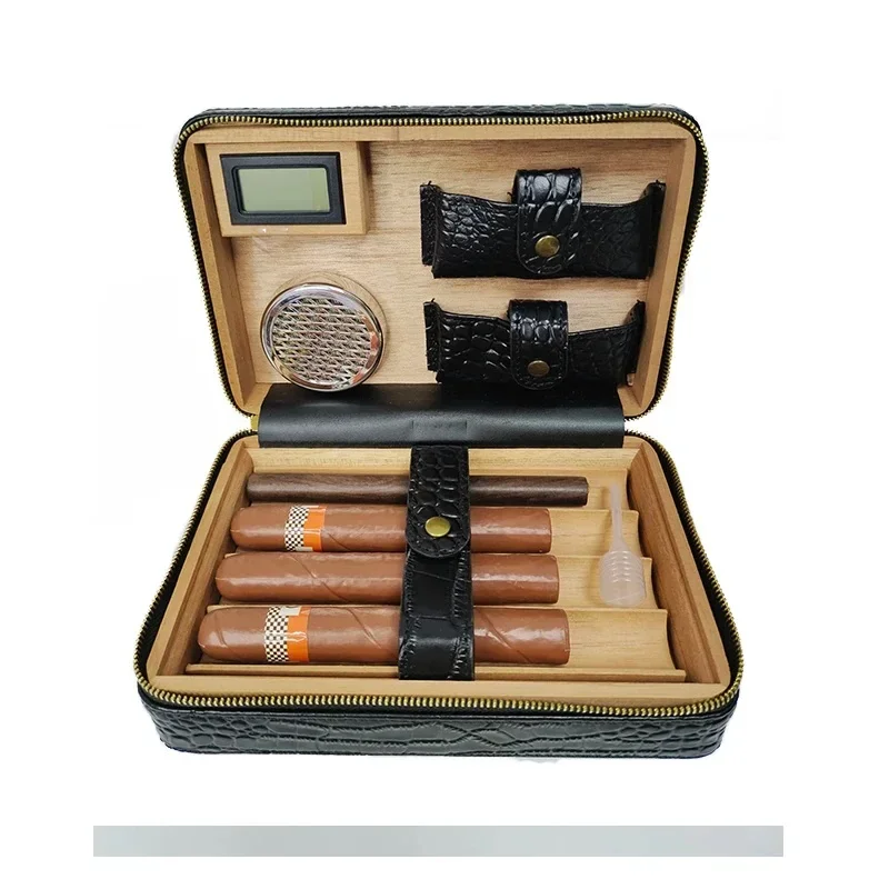 Cedar Wood Humidor with Cigars Tubes with Hygrometer Humidifier Cigar Case-Bag Tobacco Moisturizing Tool Lined Portable Smoking