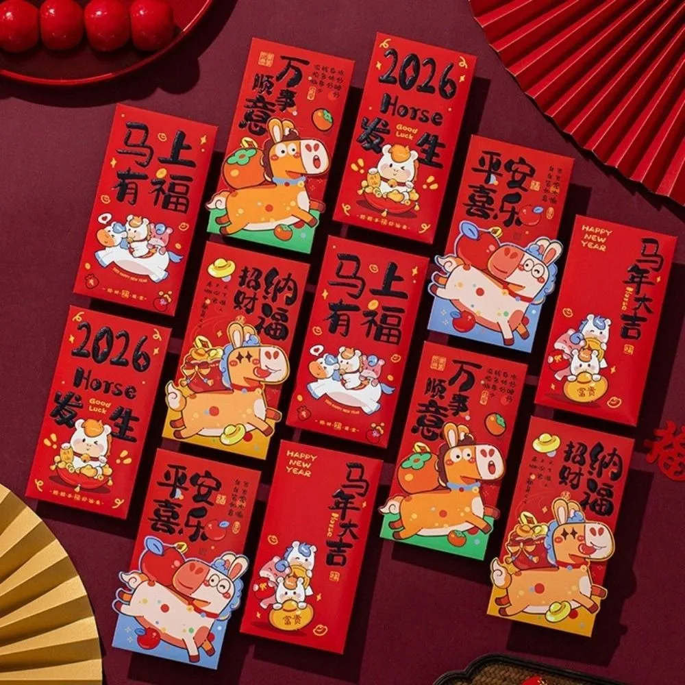 

6pcs Cartoon New Year Red Envelopes Traditional Hongbao Spring Festival Red Packets 2026 Horse Year Blessing Words