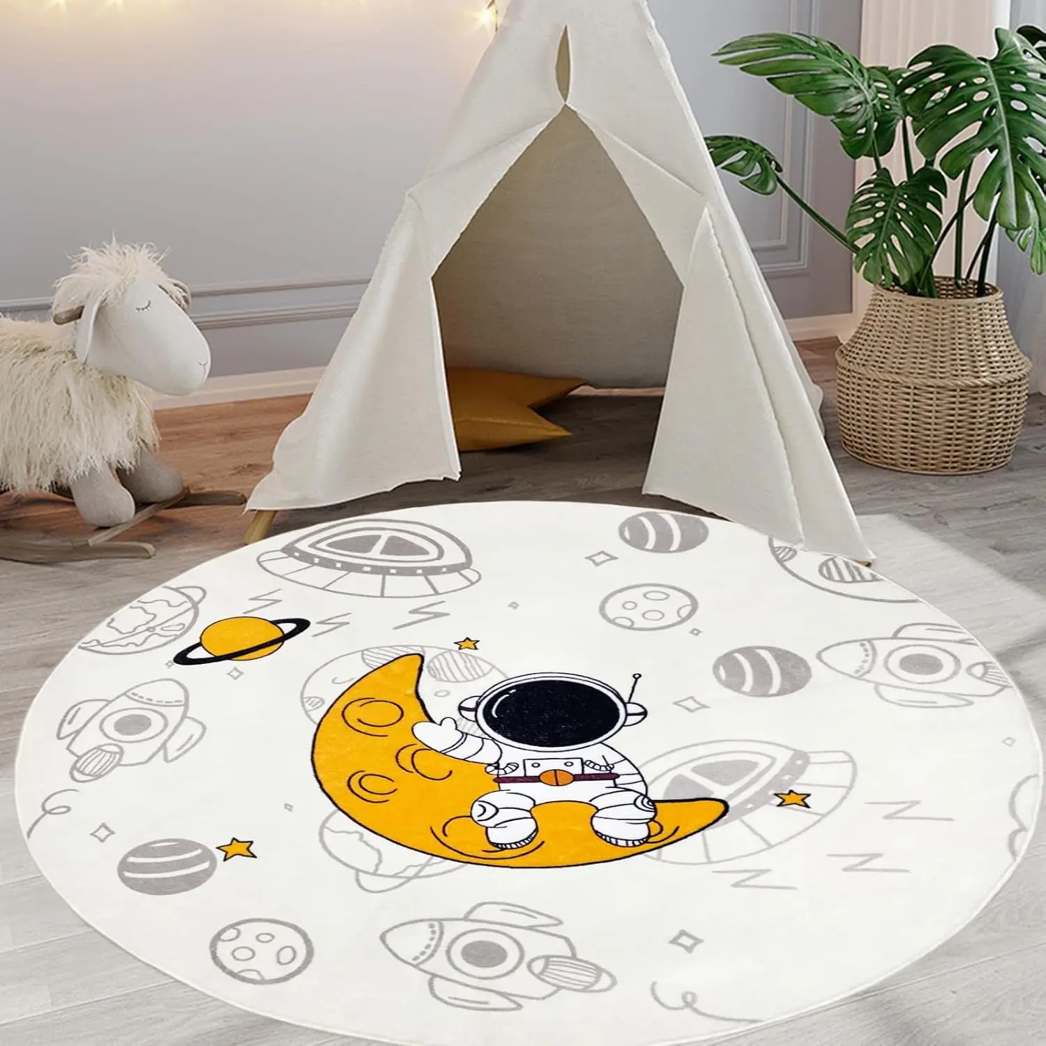 

Kids Playroom Rug Universe Outer Space Planet Printed Carpets Kids Bedroom Play Crawl Floor Mat Moon Spaceship Astronaut Rug