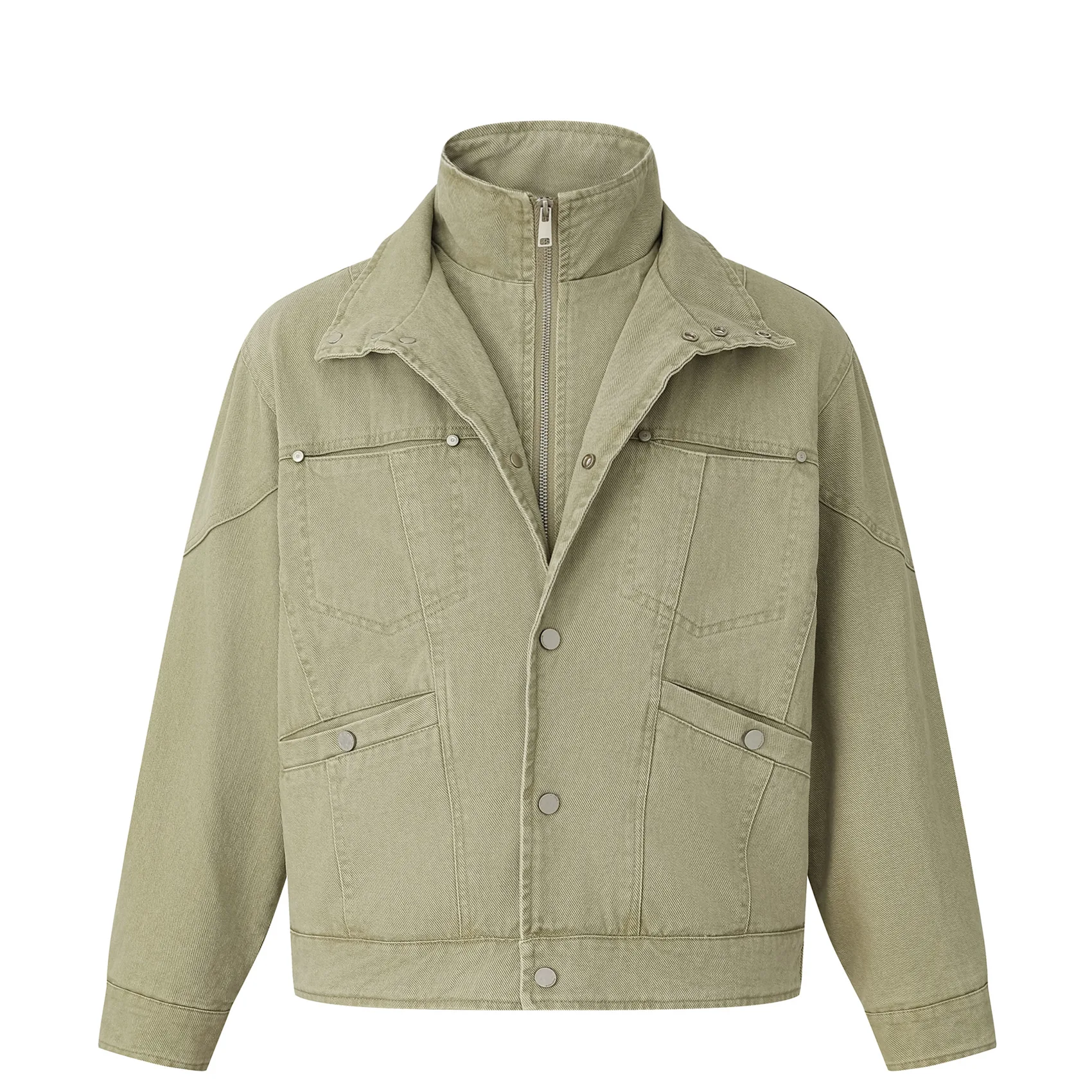 American Retro Boxy Cropped Layered-Look Multi-Pocket Chore Jacket Autumn Winter Men's Loose Washed Distressed Jacket