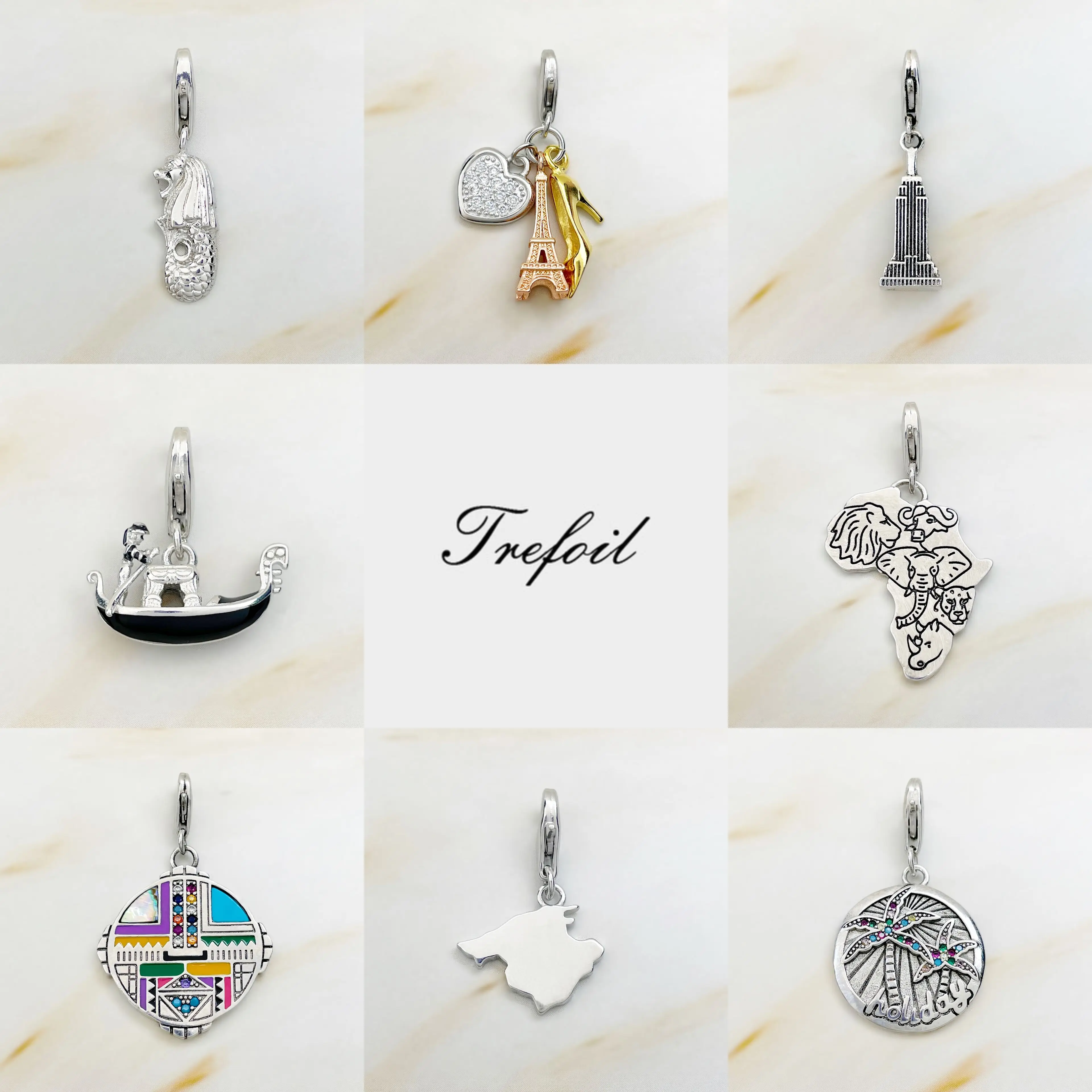 Charms Pendant Venice Gondola Mallorca Island Eiffel Tower Empire State Building Merlion Africa 925 Silver Ethnic Fine Jewelry