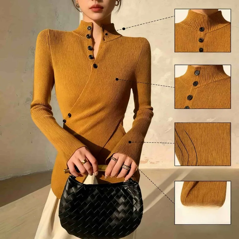 

Women's Mock Neck Wrap Knit Top Elegant Long Sleeve Button Detail Sweater for Office and Daily Outfits