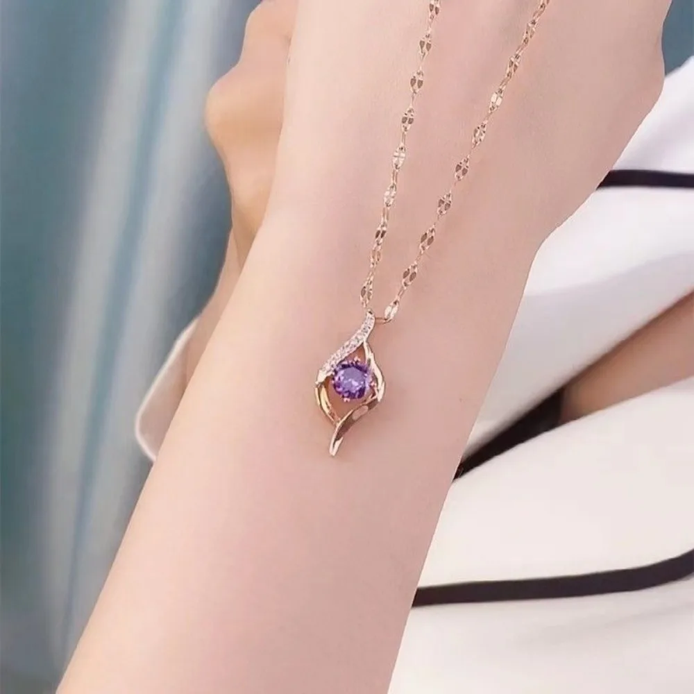 الفولاذ المقاوم للصدأ مزاجه الرجعية الأرجواني كريستال قلادة قلادة للنساء سحر الزركون طوق كوريا مجوهرات Colorfast هدية