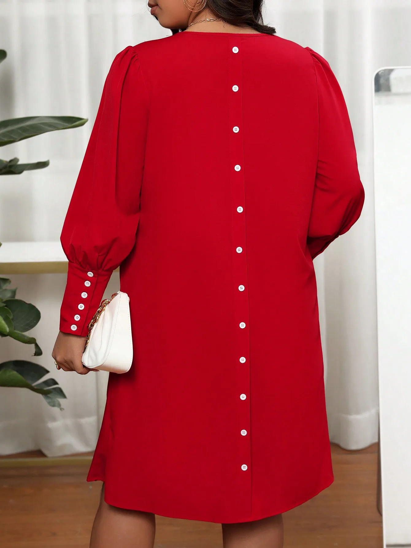 Women's Plus Size V Neck Lantern Sleeve Dress, Back Decor Button Loose Solid Color Elegant Party Midi Dress view 2