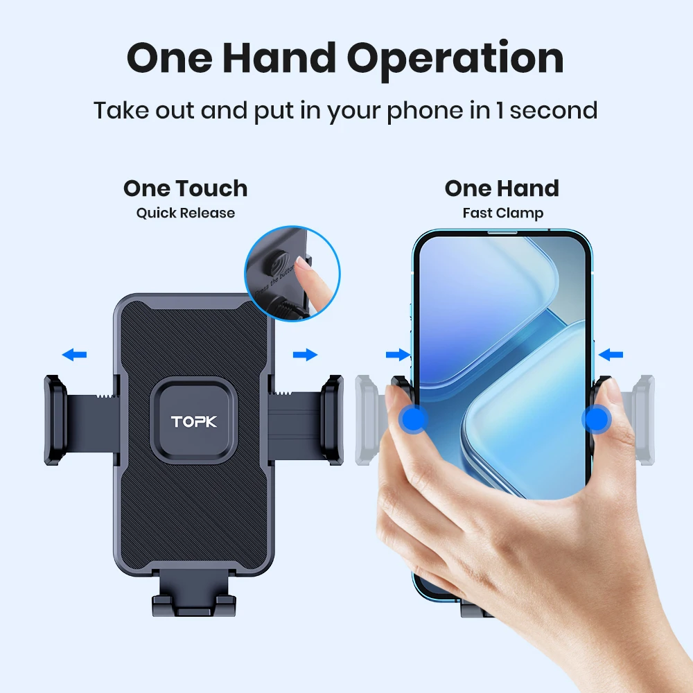 TOPK 차량용 핸드폰 거치대 - 360 °   회전 조절 가능, 대시보드/윈드스크린용 원버튼 릴리스, 4.0-7.0인치 휴대폰에 적합