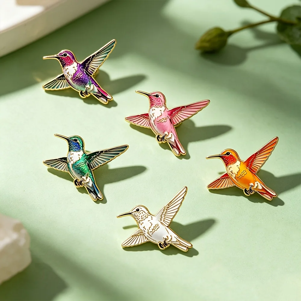 Colorful Hummingbird Enamel Pin Set, Delicate Flying Bird Brooches, Vibrant Nature-Inspired Metal Badges with Gold Trim