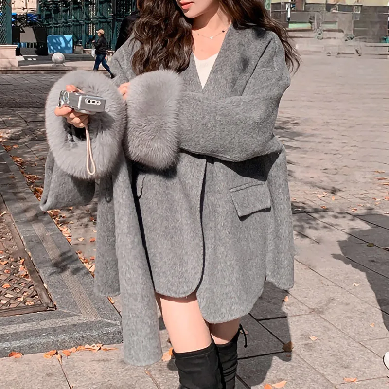 2024 Cashmere Wool Coats New Winter Autumn Women's Coat Soft Warm Natural Wool Jacket Big Fox Fur Cuff