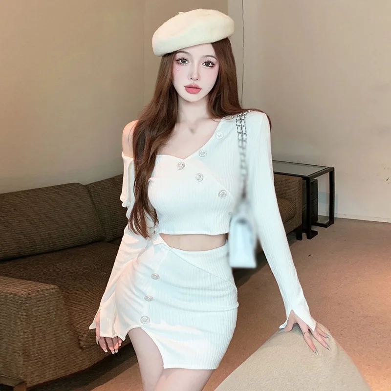 2 Pieces Set  Women Crop Tops  Long Sleeve  Sexy Mini  Bodycon Skirt Suit  Korean Style Hole Knitted Cardigan with Skirt