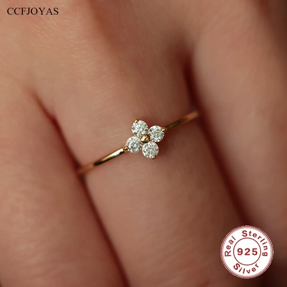 

CCFJOYAS 100% 925 Sterling Silver Flower Zircon Ring for Girl Women 18k Gold Plated Finger Ring Fashion Female Jewelry