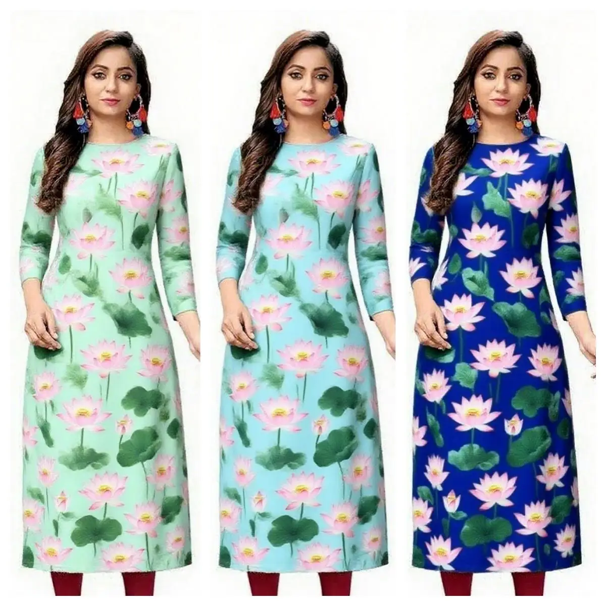 Dress kurt women's fashionable and elegant long sleeved straight tube casual round neck pattern