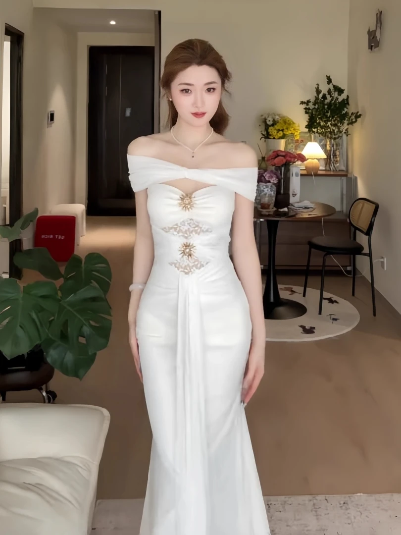 

Ele One-oulder Long Dr Slimming Me Gown Fi-Tail Silhouette High Waist Design Sexy Pure Color High Elastici