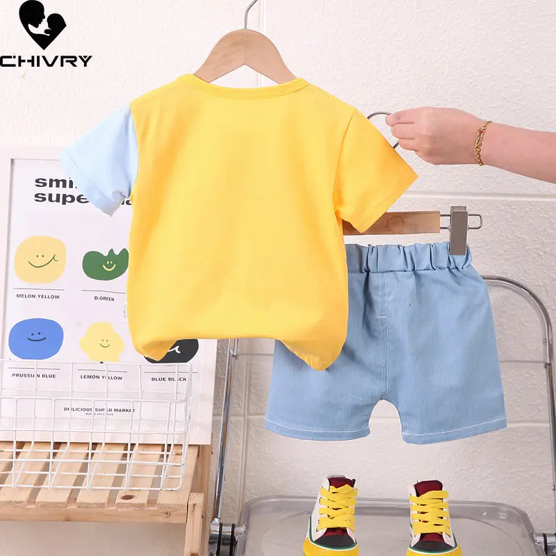 Neue 2023 Baby Boy Sommer Kurzarm Rundhals Nette Cartoon Tier T-shirt Tops mit Denim Shorts Jungen Mode Kleidung sets