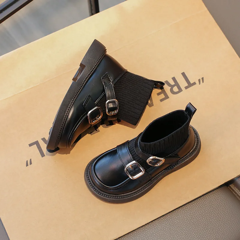 Children Elastic Sock Boots Autumn Winter Korean Style Fashionable Girls Princess Leather Boots Comfortable Mid-Calf Short Boots