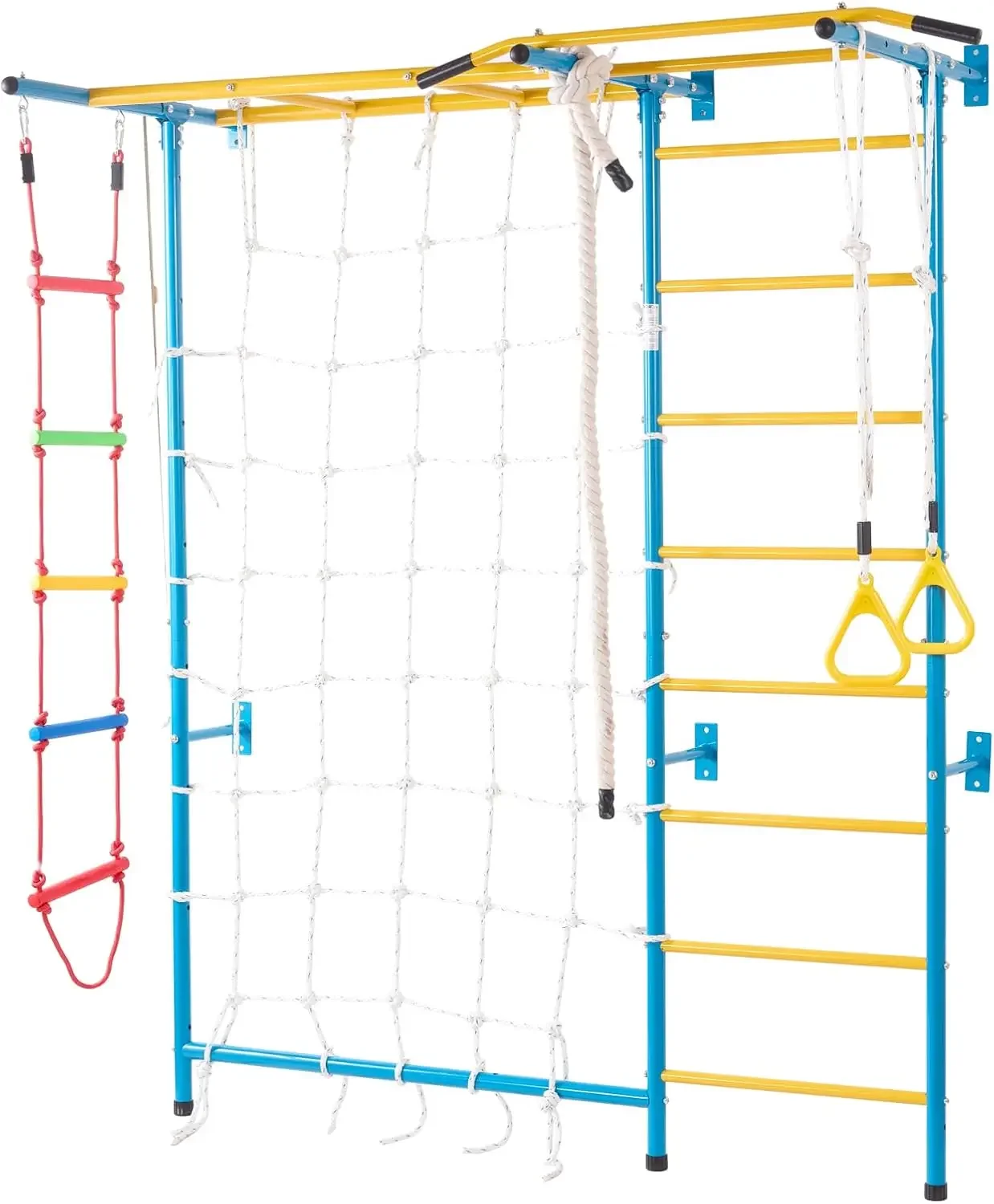صالة الألعاب الرياضية في الغابة الداخلية للأطفال الصغار، مجموعة لعب التسلق 7 في 1 مع سلم سويدي من الفولاذ الكربوني، سلم حائط، قضيب سحب، سلم حبل #1