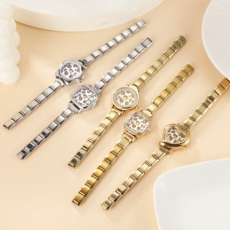 New Stainless Steel Square Round Star Heart Leopard Watch Dial Fit 9mm Italian Charm Women High Quality Bracelet Bangle Jewelry