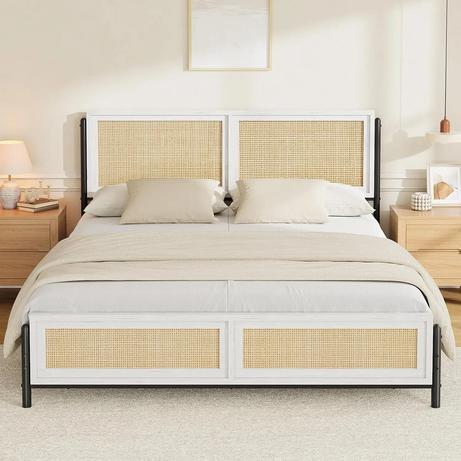 Natural Full Size Bed Frame Complete With A Rattan Headboard And Footboard, Noise-Free, Easy Assemble Wooden, Customized