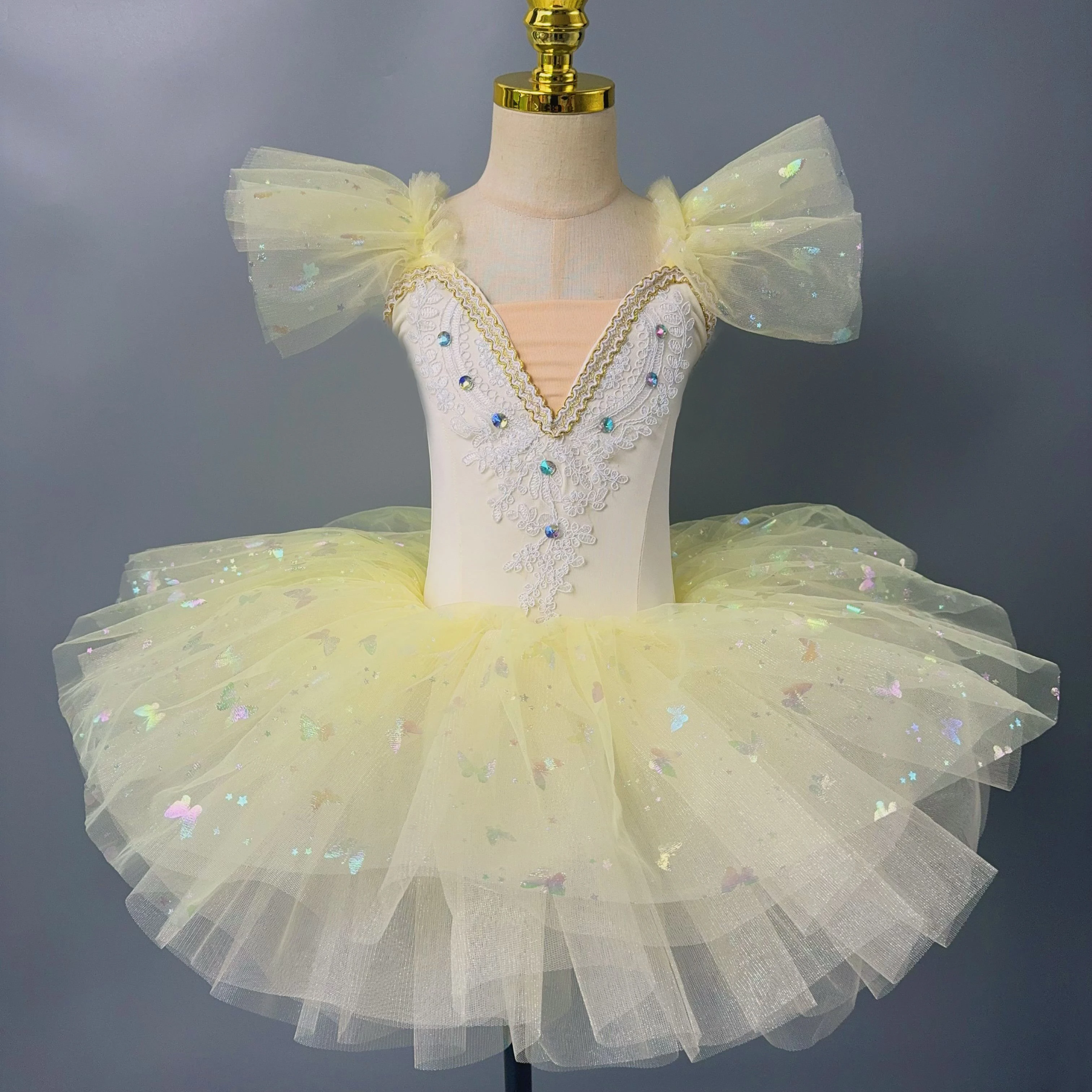 Robe de Ballet avec Jupe Tutu à Paillettes et Imprimé Papillon pour Enfant, Costume de brev, Vêtements de Spectacle sur Scène, Justaucorps pour Fille