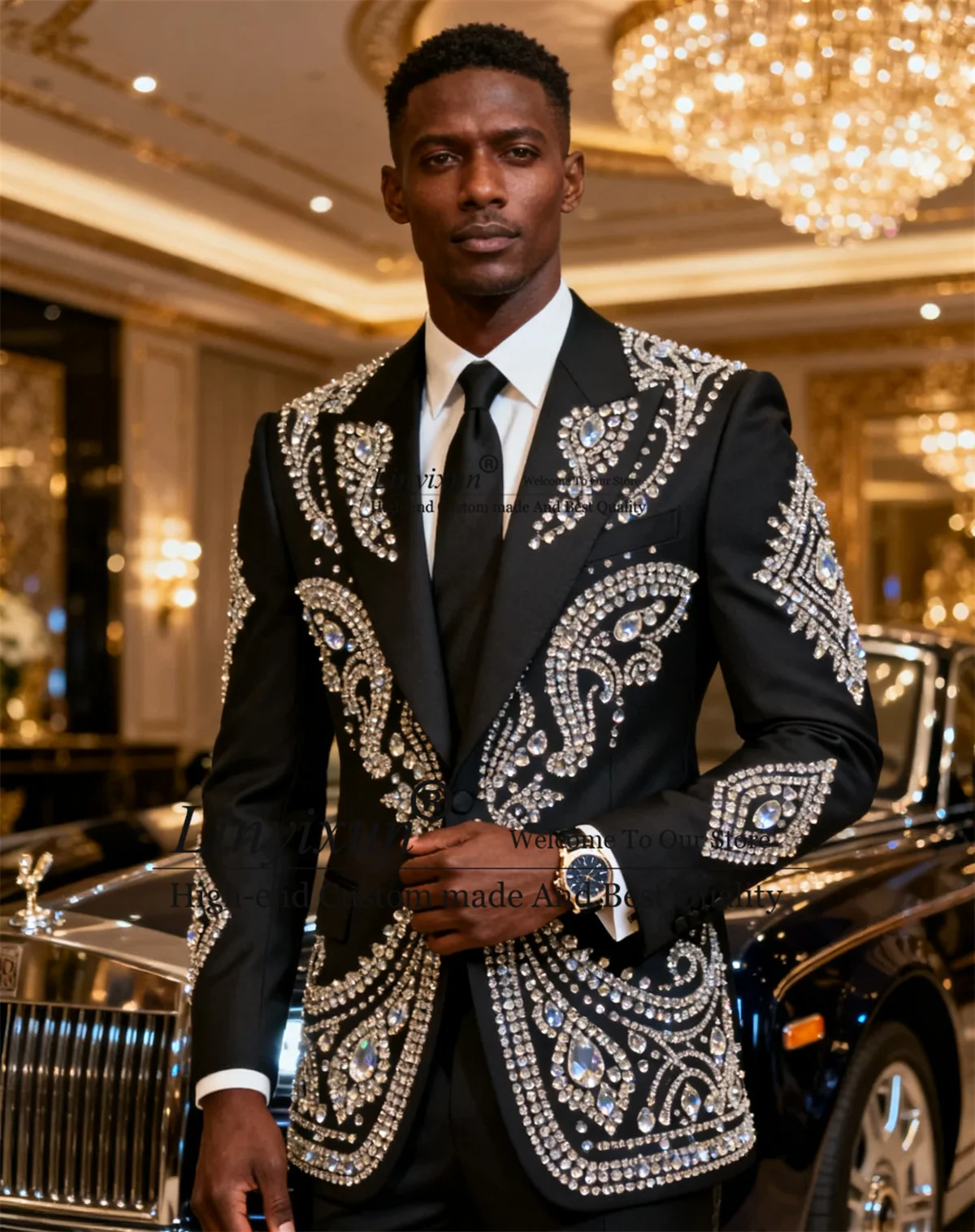 

Luxury Rhinestone Diamond Tuxedos Men Suits Customized Wedding Ropa hombre 2 Pieces Sets Outfit Groom Slim Fit Prom Blazers