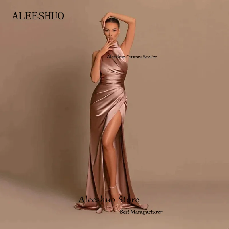 Aleeshuo Elegant Long Pleated Evening Dress Satin Mermaid Halter High Side Slit Sleeveless Floor Length Formal Party Dress