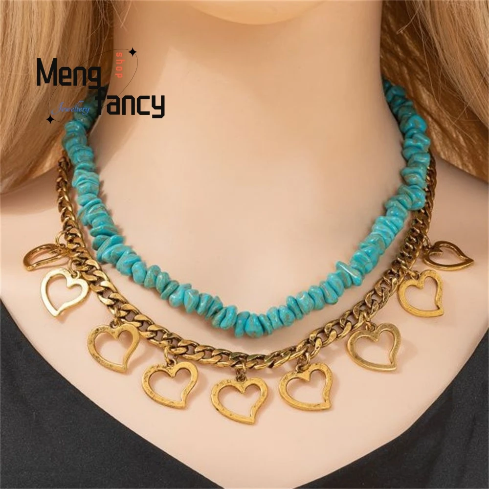 

Design Sense Metal Heart-Shaped Round Ball Necklace, Unique And Trendy Hip-Hop Turquoise Necklace Set Fashion Jewelry Elegant