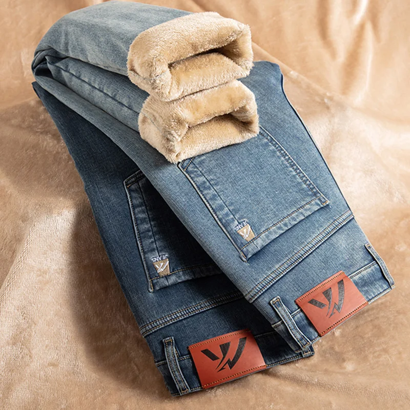 Inverno velo estiramento jeans para homens moda magro confortável algodão calças retas quentes roupas de marca masculina calças jeans