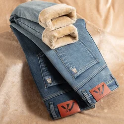 Winterfleece stretchjeans voor heren Mode slanke comfortabele katoenen rechte broek Warme mannelijke merkkleding Denim broek