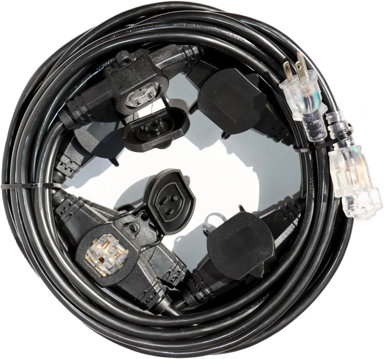 50FT 12 Gauge SJTW Power extension cable 3-head, 5-15R cable male to female, 6 Outlet cable, multiple evenly spaced plugs