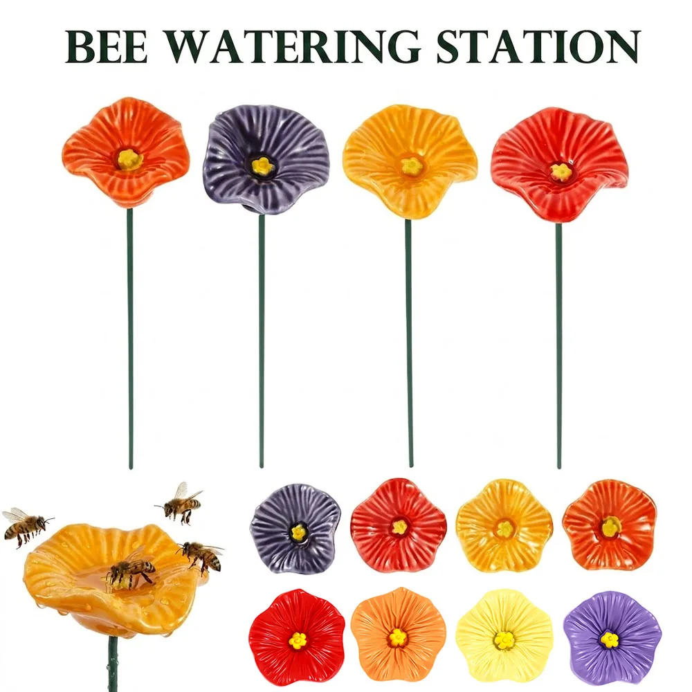 4Pcs Colorful Bee Watering Station Flower Shape Pollinator Watering Station Weather Resistant Bee Watering Cup for Garden Decor