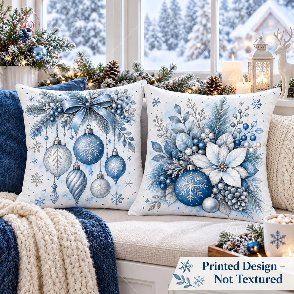 Winter Blue Floral Cushion Cover Peach Skin 2D Flat Printed Xmas Pillowcase Poinsettia Ball Throw Pillow Cover Couch Sofa Bed