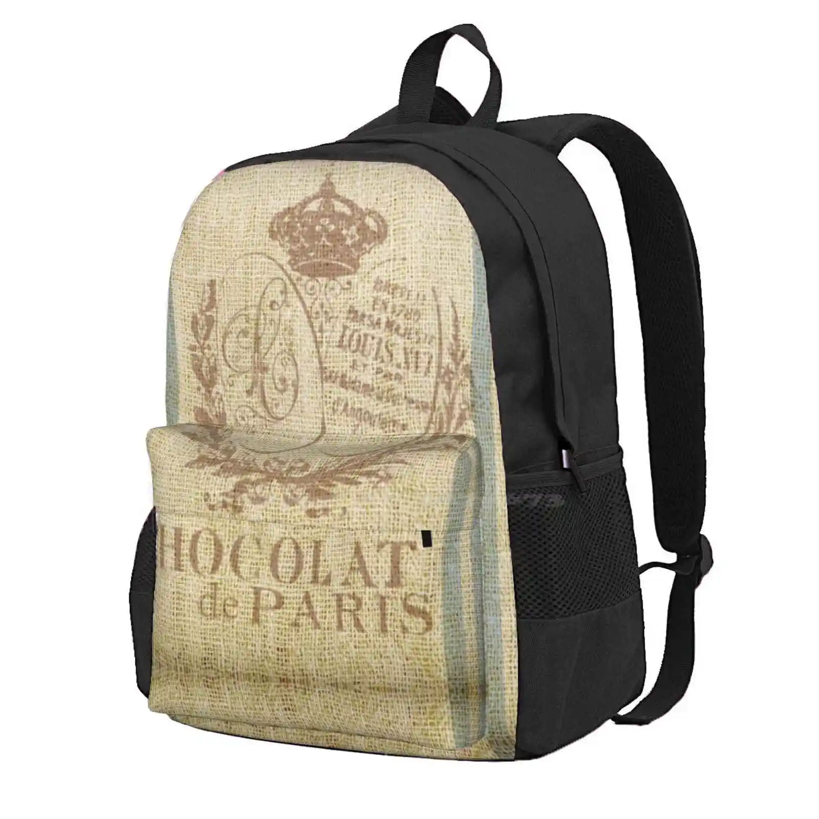 Bonjour ! - Faux Grain Sack [Chocolat De Paris] Hot Sale Schoolbag Backpack Fashion Bags Paris Grain Sack Faux Burlap French