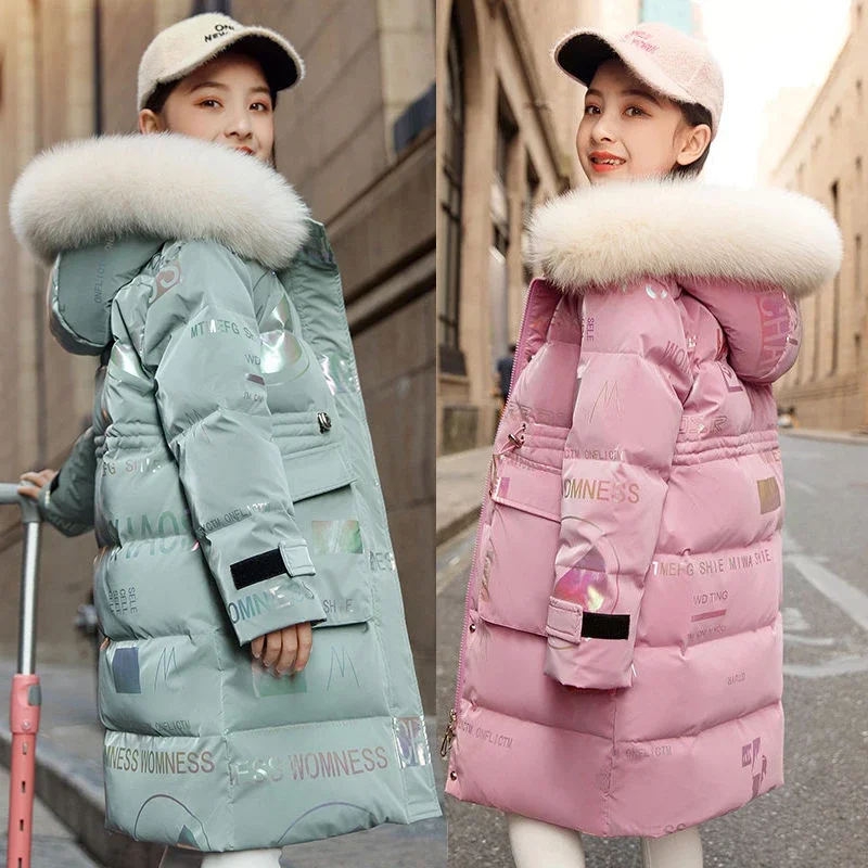 

New 4-12 Years Fashion Winter Teenger Girls Jacket Hight Quality Heavy Keep Warm Large Fur Collar Hooded Coat For Kids E3928