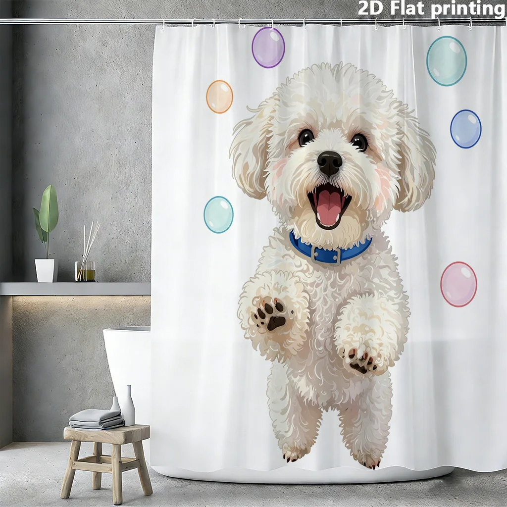 Cute Bichon Frise Shower Curtain, Funny Puppy Bubble Print Waterproof Bathroom Decor, White Fluffy Dog Lover Home Bath Screen