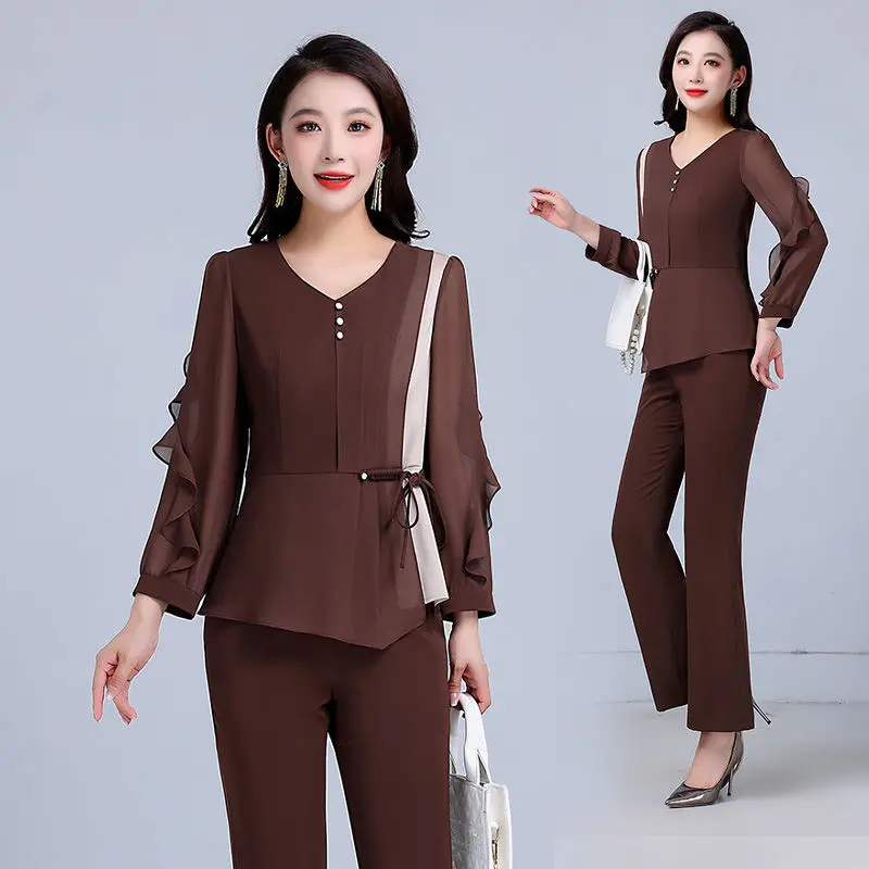 Ensembles de pantalons en mousseline de soie pour femmes, surdimensionnés, col en V, patchwork, bord champignon, tenues féminines, nouvelle mode, printemps, 2024, 2 pièces